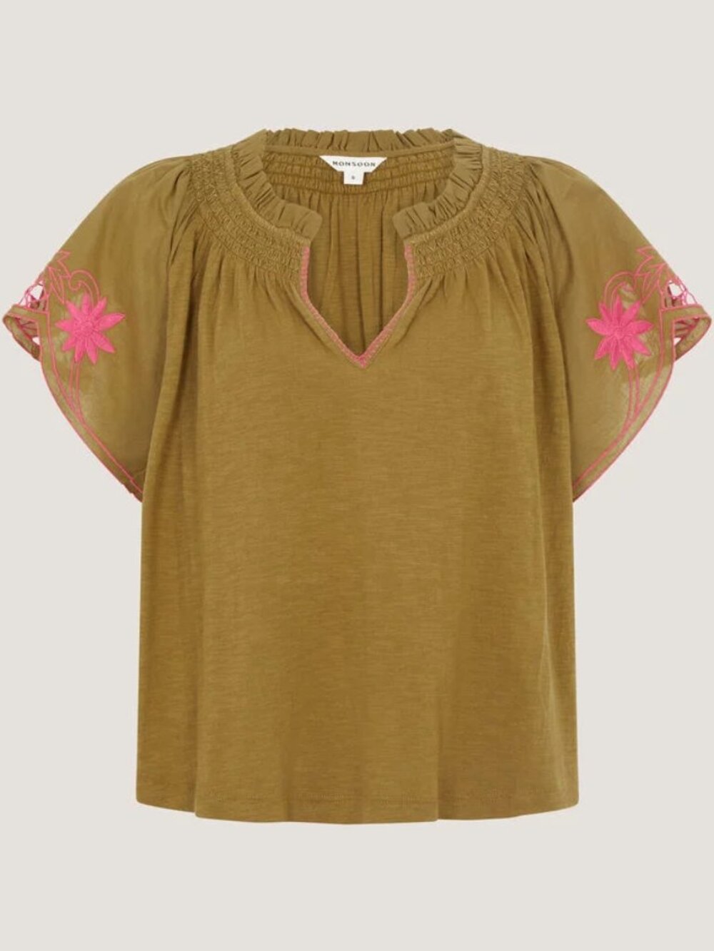 Monsoon Fiona Embroidered Cotton Top Green